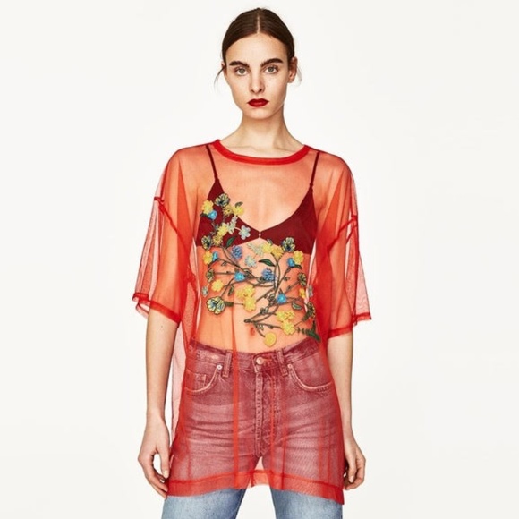 Zara Tops - Zara Red Mesh Floral Embroidered Top, Sz S (NWOT)